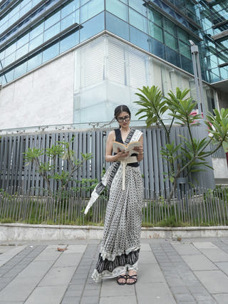 Karuna Off White Hand Block Printed Cotton Saree