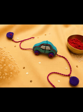 Hand Embroidered 3D Car Rakhi  | Sea Green (Set of 2 )