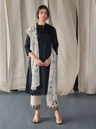 Hand Scalloped Black Kurta set with Tonal Embroidery Bombay Bloom