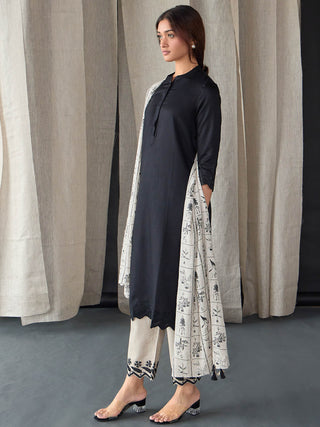 Hand Scalloped Black Kurta set with Tonal Embroidery Bombay Bloom