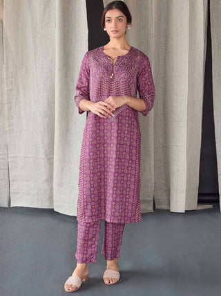 Wine Ajrakh Tencel Kurta Set Bombay Bloom