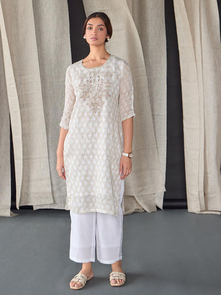 Handblock Off White Pure Linen Kurta Bombay Bloom