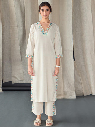 Natural Linen Embroidered Kurta Set Bombay Bloom