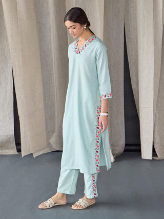 Mineral Blue Floral Embroidered Linen Kurta Set Bombay Bloom