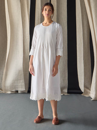 Hand Scalloped & Tonal Embroidered Dress - White Bombay Bloom