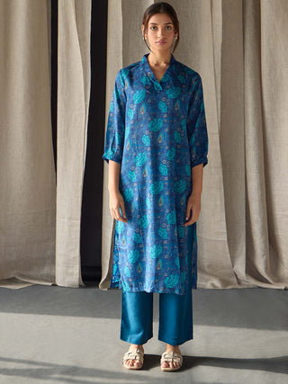 Under-Water Blue Floral Tencel Kurta Bombay Bloom