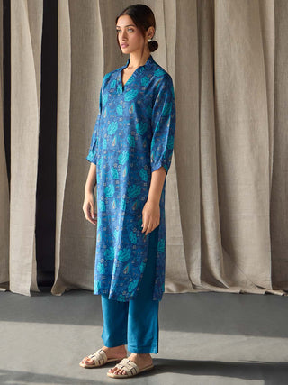 Under-Water Blue Floral Tencel Kurta Bombay Bloom