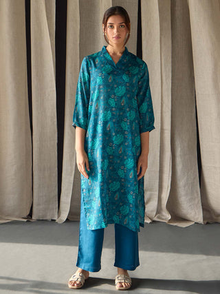 Under-Water Teal Floral Tencel Kurta Bombay Bloom