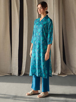 Under-Water Teal Floral Tencel Kurta Bombay Bloom