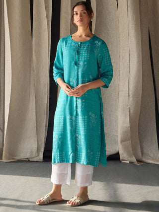 Blue Ecovero Jacquard Kurta Bombay Bloom