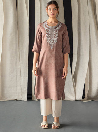 Brown Jacquard Kurta with Yoke Embroidery Bombay Bloom