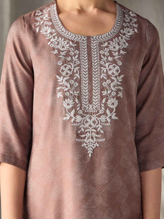 Brown Jacquard Kurta with Yoke Embroidery Bombay Bloom