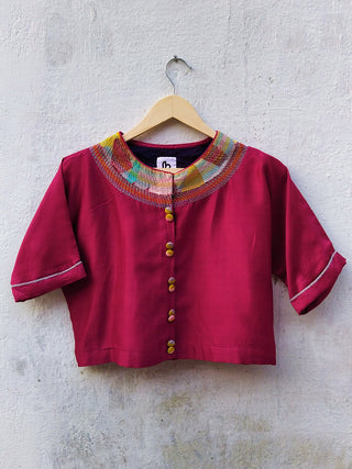 Cotton-silk Pink crop top with sujani work on neckline. Bihart