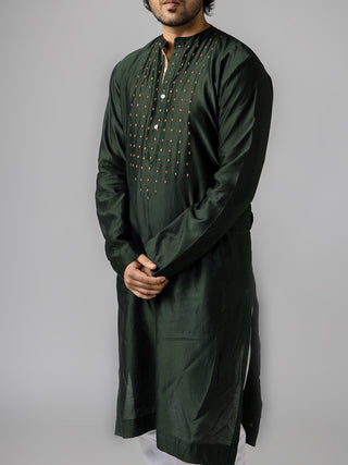 Cot-silk Dark Green Kurta Bihart