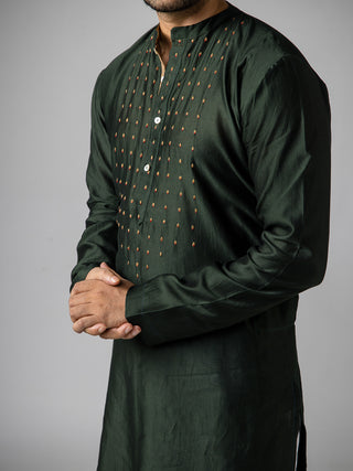 Cot-silk Dark Green Kurta Bihart