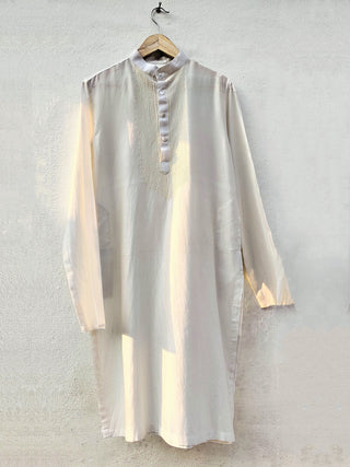 Cot-silk Aari Work straight Kurta Off White Bihart