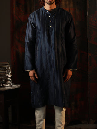 Royal Blue Cot-silk Hand Embroidered  Kurta Bihart