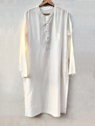 Cot-silk Aari Work Off White Kurta Bihart