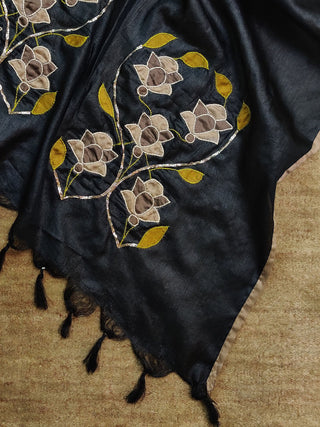 Tussar Silk Applique Black Dupatta Bihart