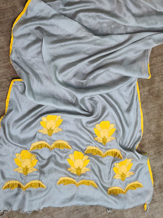 Tussar Silk Applique on Grey Dupatta Bihart