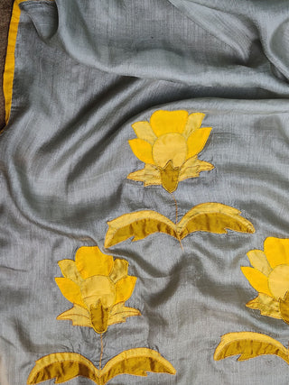 Tussar Silk Applique on Grey Dupatta Bihart