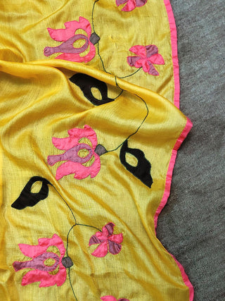 Tussar Silk Applique Yellow Dupatta Bihart