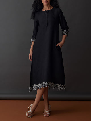 Hand Scalloped Jacquard Dress Black Bombay Bloom