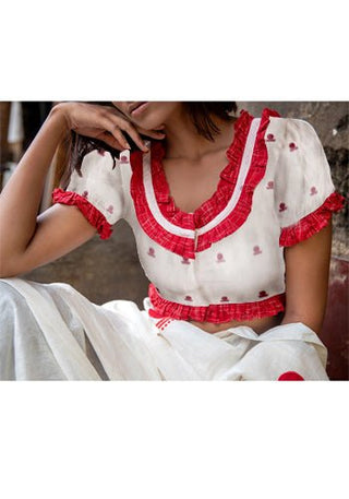 Bindi Jamdani Blouse With Frills White Prathaa