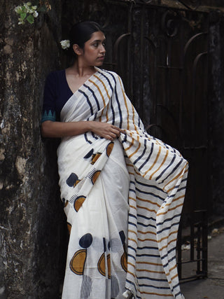 Blue Yellow Geometry Saree SoulWeaves