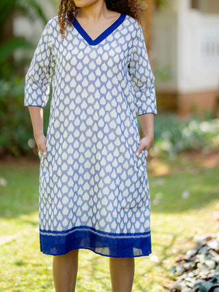 Indigo on White Handwoven ikat cotton dress Krushnachuda