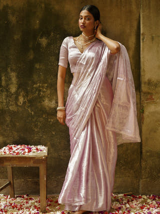 Blush Pink Handloom Tissue Saree