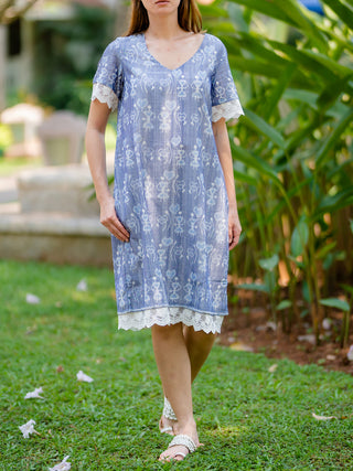 Blue Handwoven Ikat Shift Dress - Cotton Women Cotton Dress in Blue color