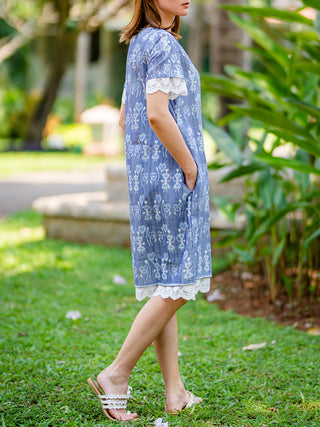 Blue Handwoven Ikat Shift Dress - Cotton Women Cotton Dress in Blue color