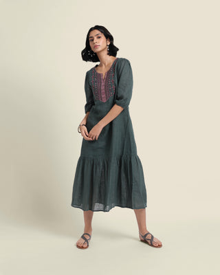 The Whirl Linen Dress Olive Bombay Bloom