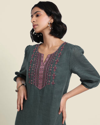 The Whirl Linen Dress Olive Bombay Bloom