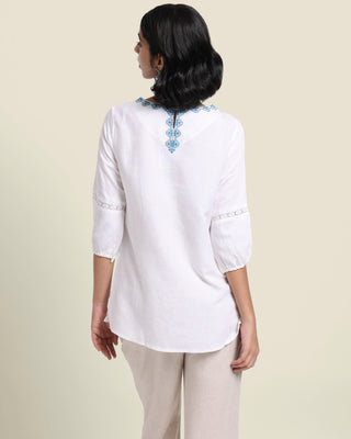 White Embroidered Linen Top Bombay Bloom