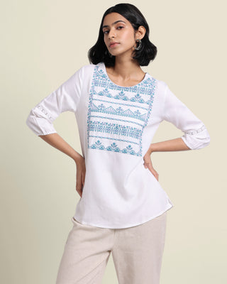 White Embroidered Linen Top Bombay Bloom