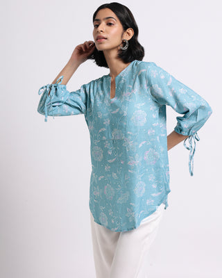 Blue Bloom Print Linen Top Bombay Bloom