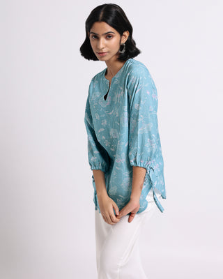 Blue Bloom Print Linen Top Bombay Bloom