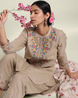 Regal Linen Co-ord Set-Khaki - Linen Kurta for women in Khaki color