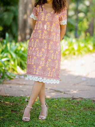 Peach Handwoven Ikat Dress with Lace details Krushnachuda