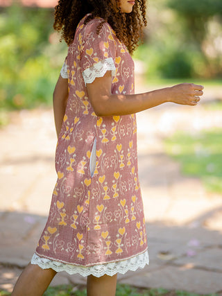 Peach Handwoven Ikat Dress with Lace details Krushnachuda