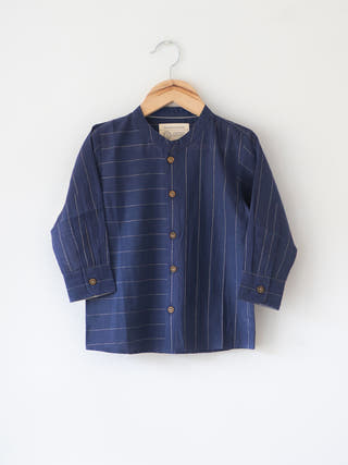 Barefoot Boy Chinese Collar Blue Stripes Shirt