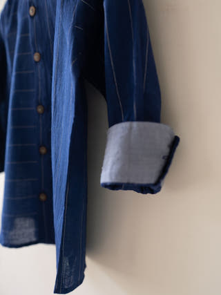 Barefoot Boy Chinese Collar Blue Stripes Shirt