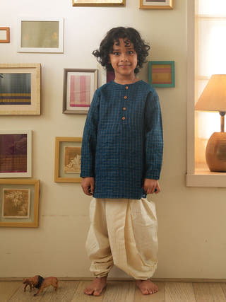 Aparajita Festive Kurta In Blue Gold Checks