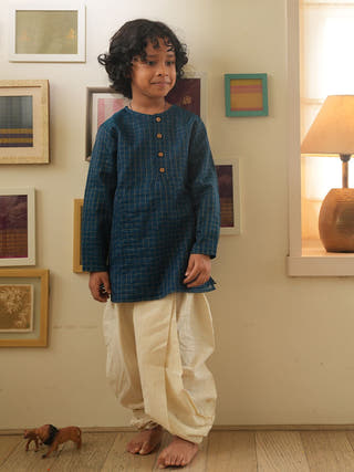 Aparajita Festive Kurta In Blue Gold Checks