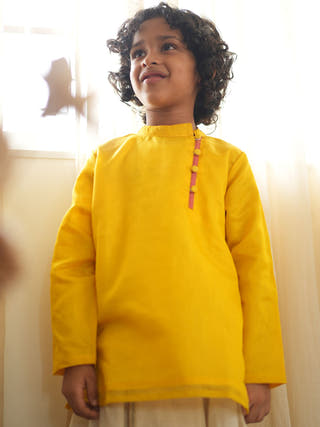 Basant Side Button Short Festive Kurta In Yellow