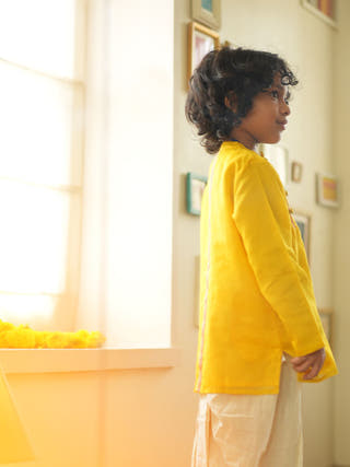 Basant Side Button Short Festive Kurta In Yellow
