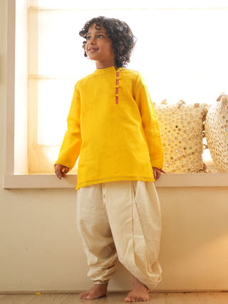 Basant Side Button Short Festive Kurta In Yellow
