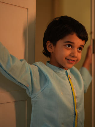 Poppy Chinese Collar Shirt Kurta In Light Blue And Yellow